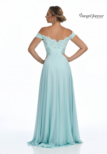 Angel Forever Aqua Chiffon and Lace Bardot Prom Dress / Evening Dress